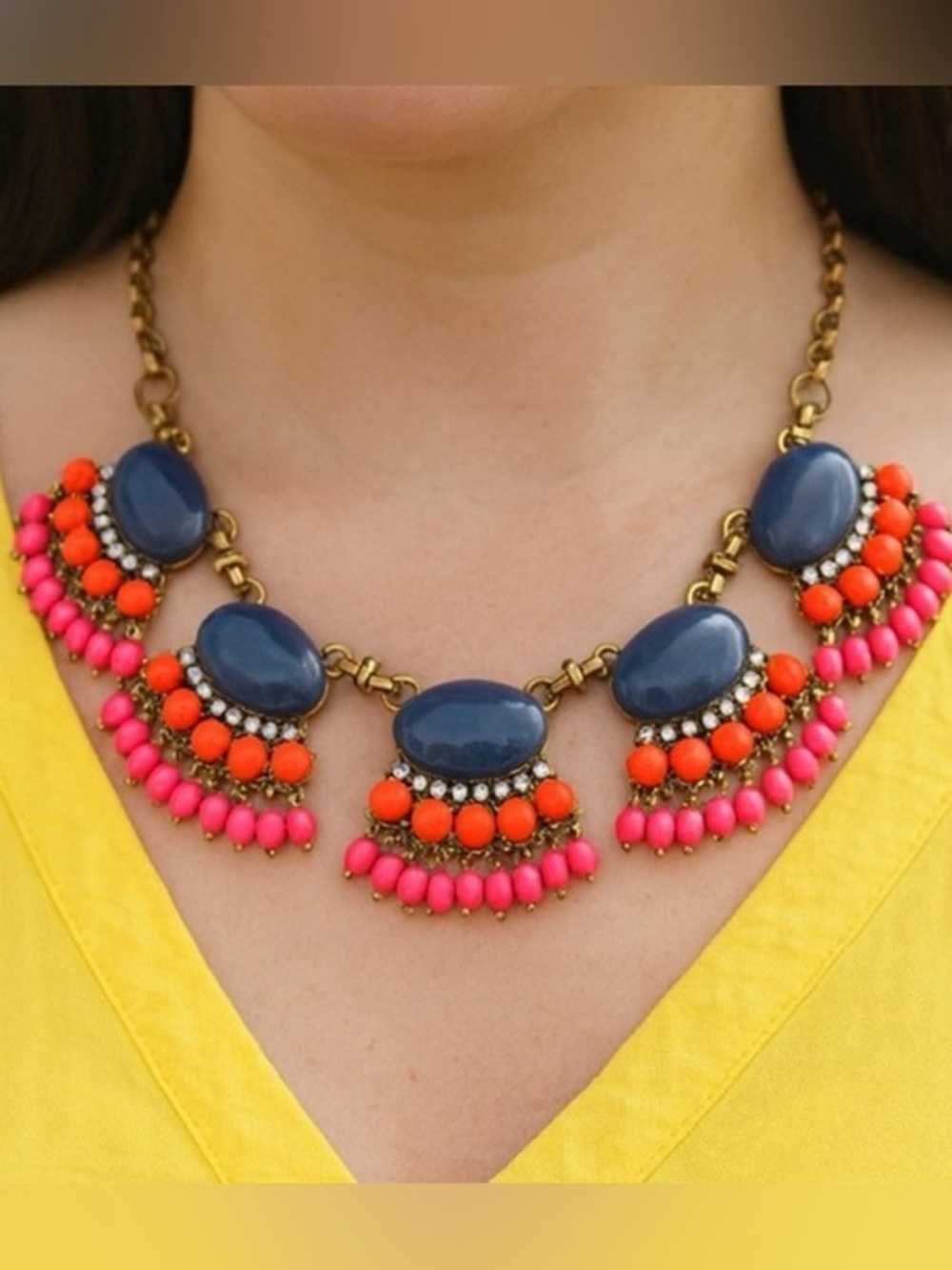J. Crew Blue Coral Pink Cabochon Rhinestone Fan Collar Statement Necklace 15-18”